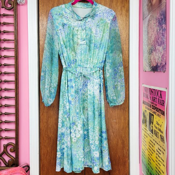 Vintage 70s Blue / Green Watercolor Floral Print Sheer Sleeve Dress - Picture 5 of 12